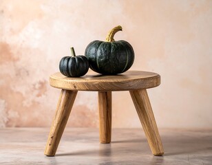 Two dark green pumpkins on a wooden stool