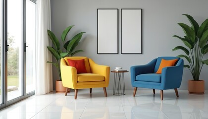Modern living room with blue and yellow armchairs, potted plants, and empty frames on wall. Light fills space from large window, showing green outdoors. Minimalist decor.