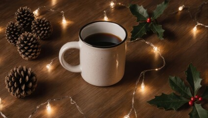 Obraz premium Cozy Christmas Morning Coffee with Pinecones and Twinkling Lights.