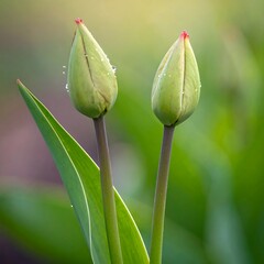 Two delicate tulip buds, fresh with morning dew