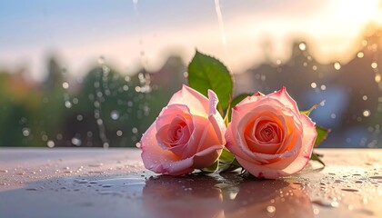 Two delicate pink roses, wet with morning dew, sit on a surface as water droplets spray around them.  Soft sunrise light