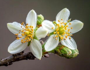 Two delicate white blossoms on a branch, with yellow centers and green buds