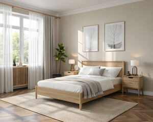 Minimalist Scandinavian Bedroom with Wooden Bed, White Curtains, and Soft Natural Lighting