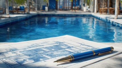 Architectural blueprints beside a serene pool on a sunny day showcasing design creativity and relaxation