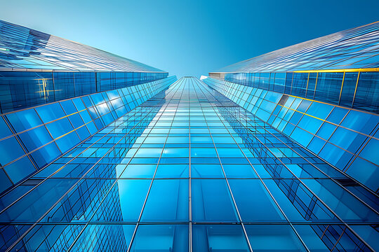 青空にそびえるガラス張りの高層ビルを見上げた近代都市の風景