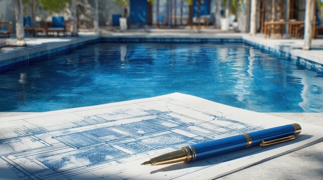 Architectural blueprints beside a serene pool on a sunny day showcasing design creativity and relaxation
