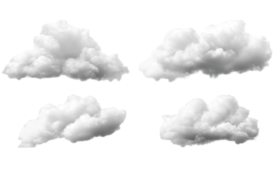 Soft white clouds floating gently on a transparent background, creating a calming and peaceful atmosphere suitable for various designs and projects