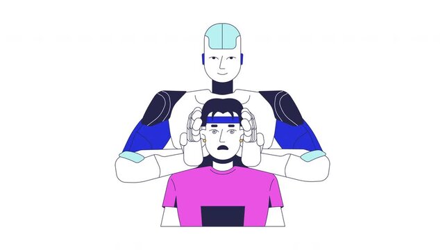 AI as tool for propaganda 2D animation. Manipulation of thoughts, beliefs. Artificial intelligence controlling human mind animated characters cartoon flat concept metaphor 4K video isolated on white