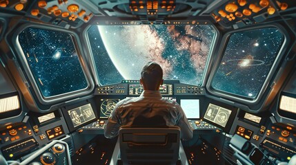 Astronaut piloting a spaceship through the cosmos, gazing at a distant planet and a field of stars