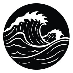 vector linocut of ocean waves crashing against cli