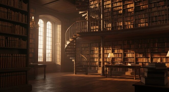 Ornate library with spiral staircase and tall arched window, filled with books - Powered by Adobe