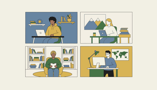 A diverse group of learners participating in a video conference each in their own home study space.