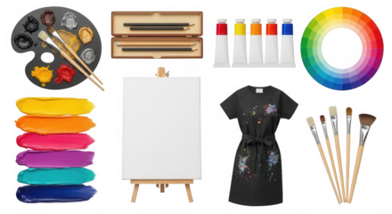 Art supplies and creative wear isolated on a transparent background