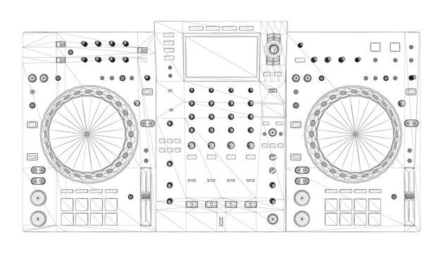Black and white wireframe drawing of a DJ console featuring a large central wheel surrounded by various control knobs and buttons on a clean white background.