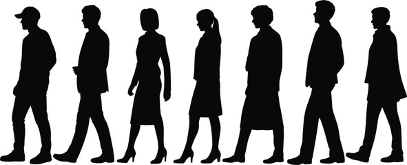 Walking people silhouettes, diverse group vector illustration, men and women in motion, casual attire, urban lifestyle, modern society graphic design