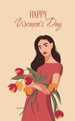 International Women's Day greeting card. Beautiful young woman with flowers in her hands. Vector illustration for advertising, poster, banner, print, website