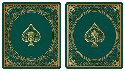 Two emerald green playing cards, gold filigree