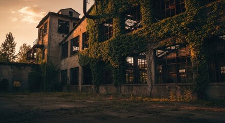 Overgrown, decaying industrial building at sunset with broken windows