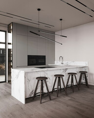 Contemporary kitchen with marble island and stools, offering a sleek and open design perfect for modern living.