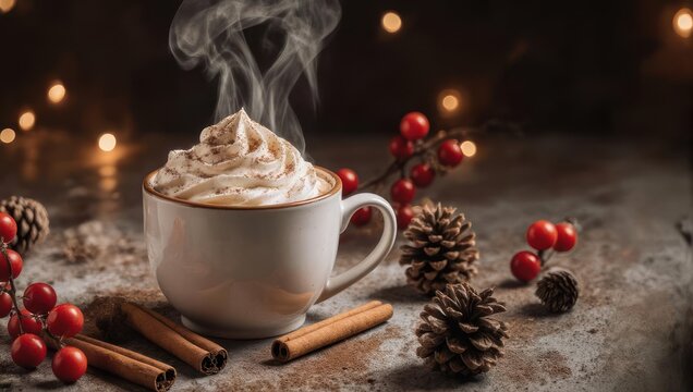 Cozy winter mug of hot chocolate with whipped cream and steam.