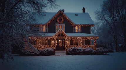 snow-covered Christmas house in the evening