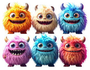 Set of Funny Furry Cartoon Monsters with Big Eyes and Teeth, Cute Characters Collection, Transparent Background PNG 
