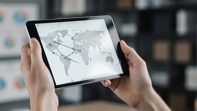Hands holding tablet displaying world map with connecting lines. - Powered by Adobe