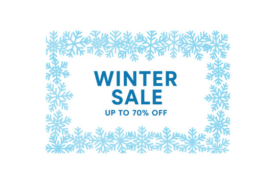 Flat vector banner design snowflake border with soft gradient text WINTER SALE subtext UP TO 70% OFF light blue tones isolated on white marketing approved bright palette with balanced