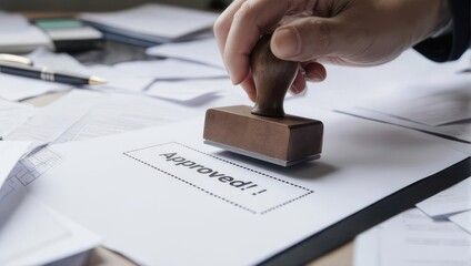 Hand stamping Approved on document, symbolizing validation and authorization.