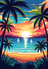 Stylized illustration of a beautiful tropical beach sunset with palm trees, a calm ocean, and sailboats on the horizon c