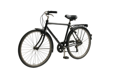 Fototapeta premium A black classic bicycle with silver spokes and a black seat is isolated on a transparent background. This is a full-body studio shot of the two-wheeled vehicle.