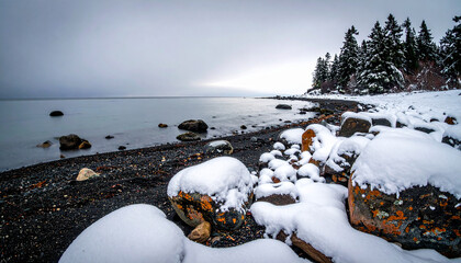 Snow covered rocky shoreline with evergreen trees and calm water