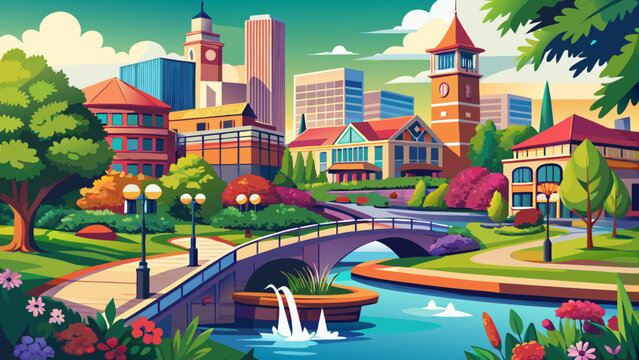 Very beautiful scenic view of Naperville, Illinois, USA, showcasing the riverwalk, lush parks, and vibrant urban landscapes, blending natural beauty with modern city architecture along the waterfront.