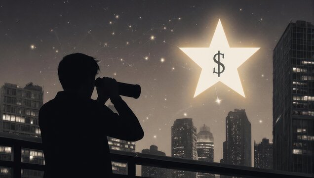 Man gazing at a dollar sign star in the night sky over city.