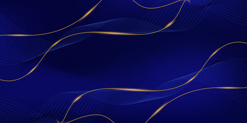Dark blue luxury background with flowing blue and gold shining lines waves.