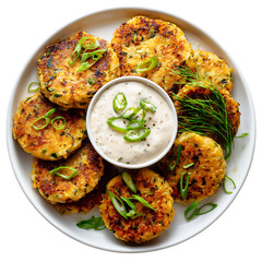 Delicious crab cakes with creamy dipping sauce isolated on transparent background.
