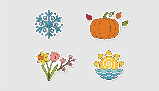 A collection of seasonal stickers depicting elements like snowflakes pumpkins and flowers to celebrate changing holidays.