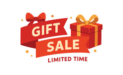 Flat vector banner design ribbon and gift box accents text GIFT SALE subtext LIMITED TIME red and gold palette isolated on white marketing approved bright palette with balanced saturation
