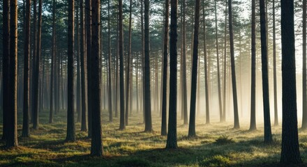 Fototapeta premium Serene forest scene with tall pines and light mist filtering through trees