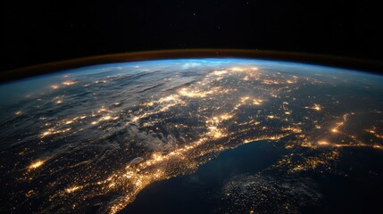 Night view of illuminated earth with city lights and atmosphere
