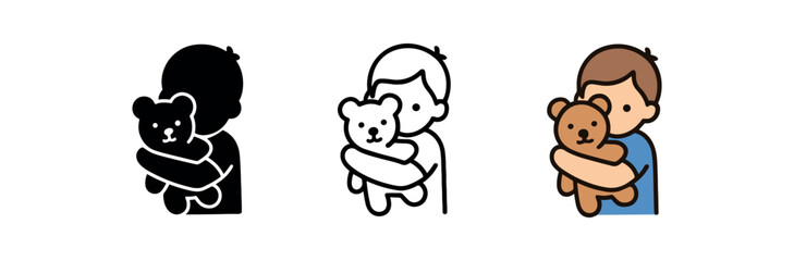 Fototapeta premium child hugging teddy bear icon on white background Black silhouette flat icon outline icon and colored icon style. 1x3 grid. three minimal vector icon style. centered composition clear white