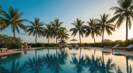 Fototapeta premium Serene pool, palms reflected, chaise lounges at water's edge, dusk sky