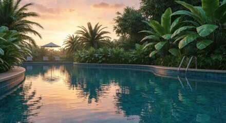 Obraz premium Serene pool reflects sunset, surrounded by lush tropical foliage