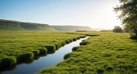 Serene river flows through green valley, mountains in the background, bright sun