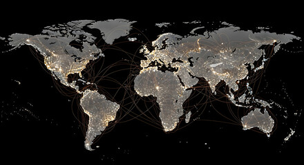 Global communication network map data visualization international trade connections digital illustration technology world business internet dark background