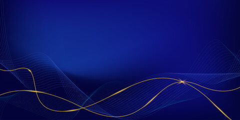 Dark blue luxury background with flowing blue and gold shining lines waves.