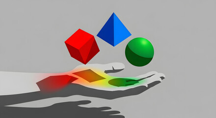 Conceptual illustration showing human hand balancing floating primary colored geometric shapes cube pyramid sphere representing science education knowledge and foundational principles