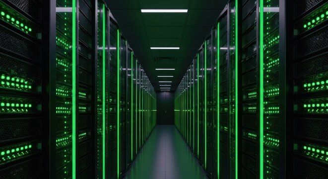 Server room with glowing green lights lining long rows of computer servers
