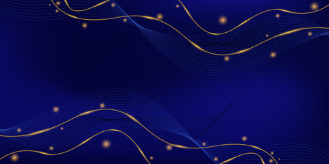 Dark blue luxury background with flowing blue and gold shining lines waves.