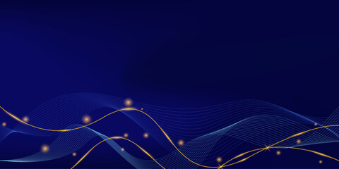 Dark blue luxury background with flowing blue and gold shining lines waves.